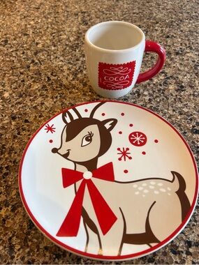 Vintage Cocoa Mug & Festive Reindeer Plate Set in Red, White, Brown